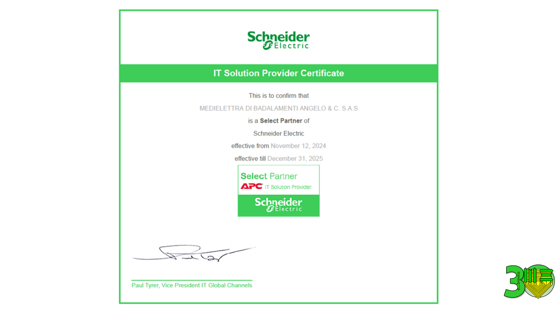 Medielettra implementa la sua certificazione Schneider con la IT Solution Provider–Select