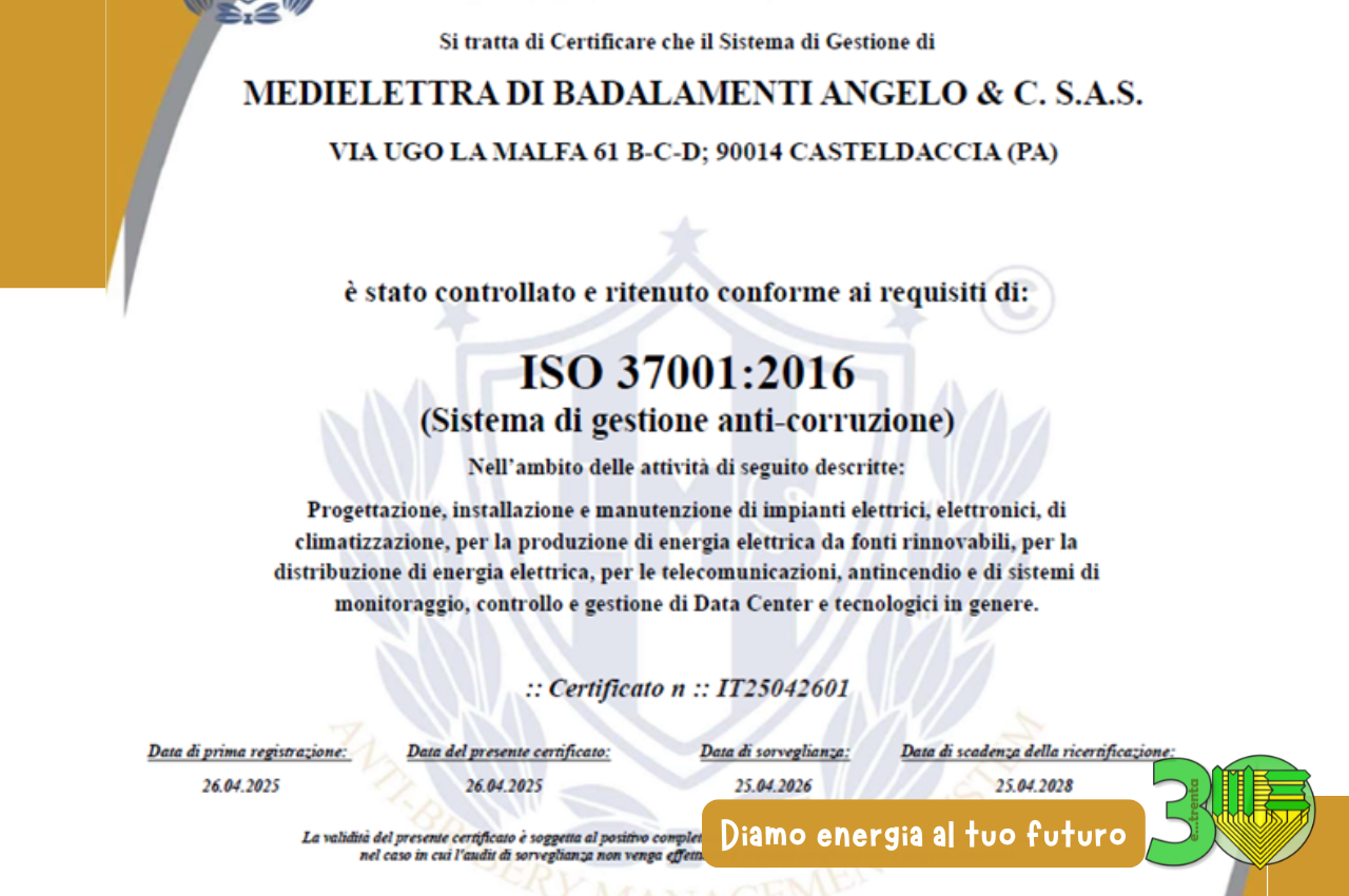 Medielettra rinnova la certificazione ISO 37001: un impegno concreto per l’etica e la trasparenza