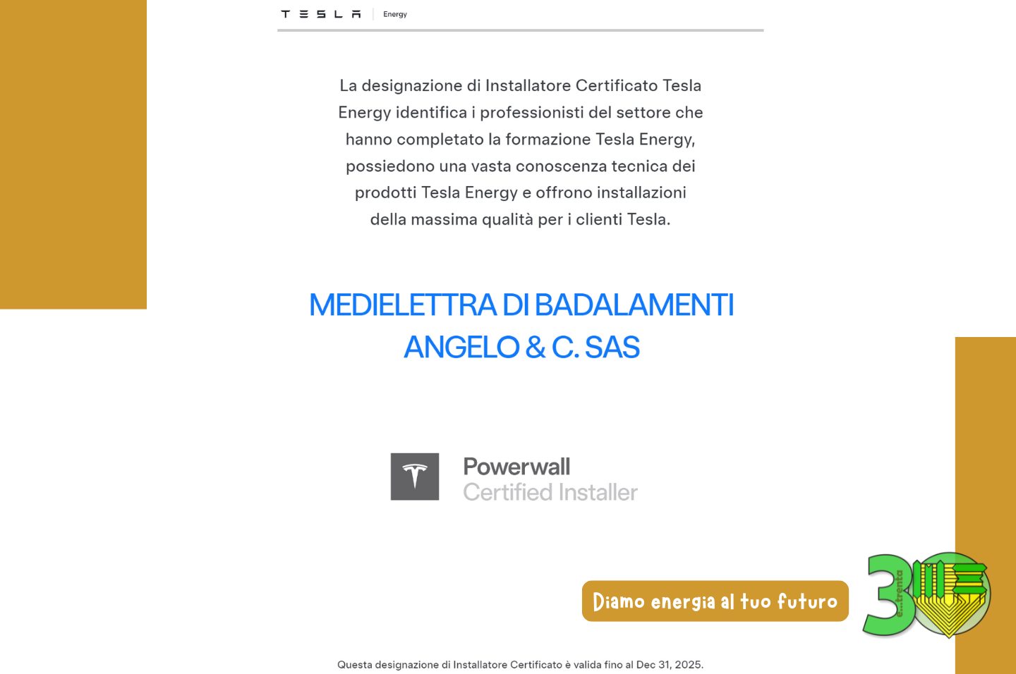 Medielettra rinnova la certificazione come Installatore Certificato Tesla Energy